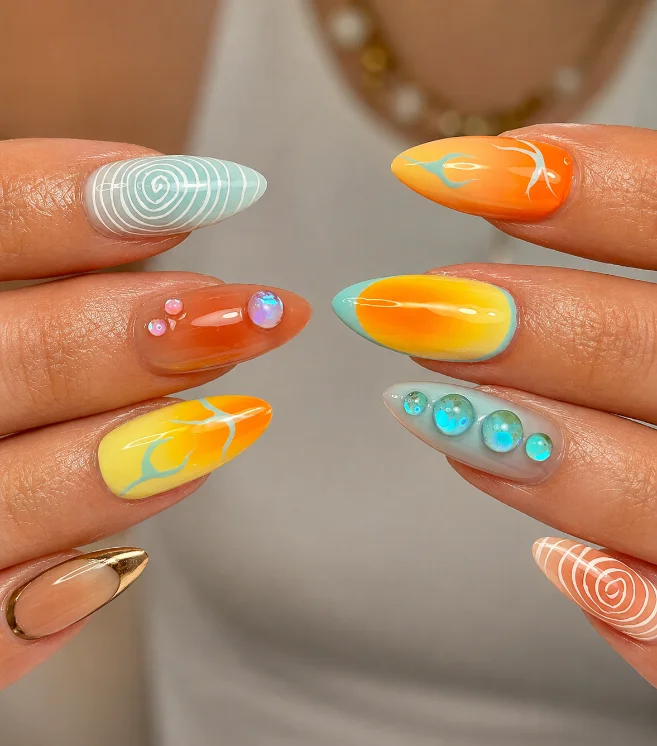 Nail art pop multicolore : fruits, carreaux et motifs estivaux 3D